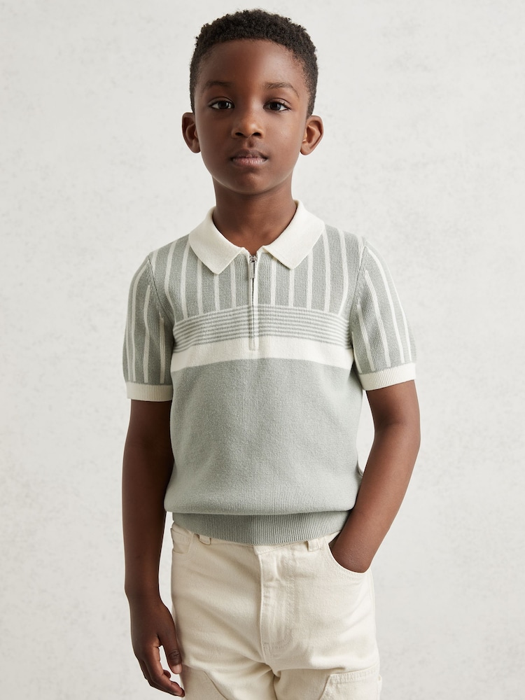 Reiss Sage Green/Off White Hugo Cotton Stripe Knit Half Zip Polo Shirt - Image 1 of 4 Reiss Sage Green/Off White Hugo Cotton Stripe Knit Half Zip Polo Shirt - Image 1 of 4