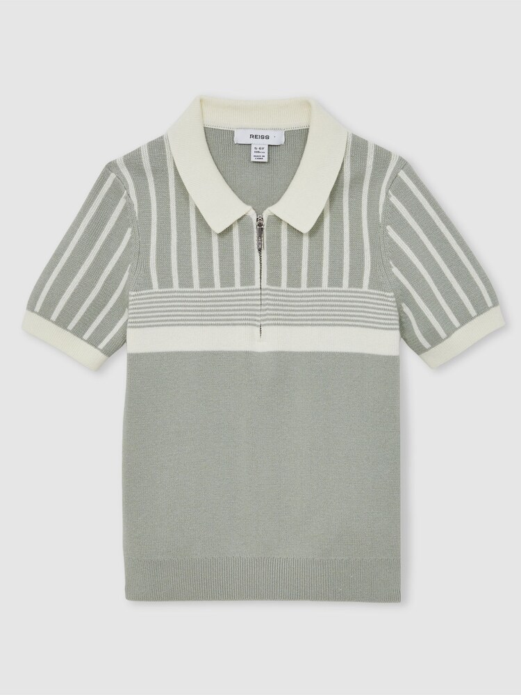 Reiss Sage Green/Off White Hugo Cotton Stripe Knit Half Zip Polo Shirt - Image 2 of 4