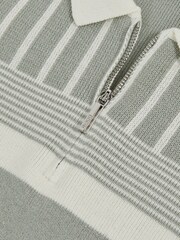 Reiss Sage Green/Off White Hugo Cotton Stripe Knit Half Zip Polo Shirt - Image 4 of 4