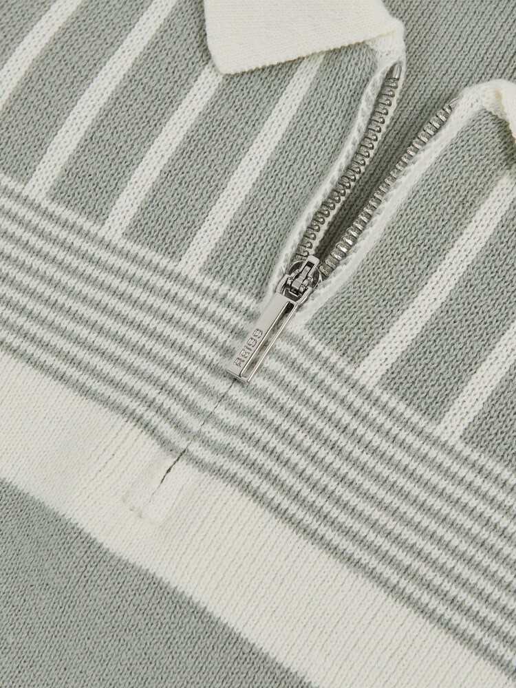 Reiss Sage Green/Off White Hugo Cotton Stripe Knit Half Zip Polo Shirt - Image 4 of 4