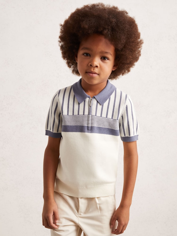 Reiss Off White/ Airforce Blue Hugo 9-13 yrs Cotton Stripe Knit Half-Zip Polo Shirt - Image 1 of 4