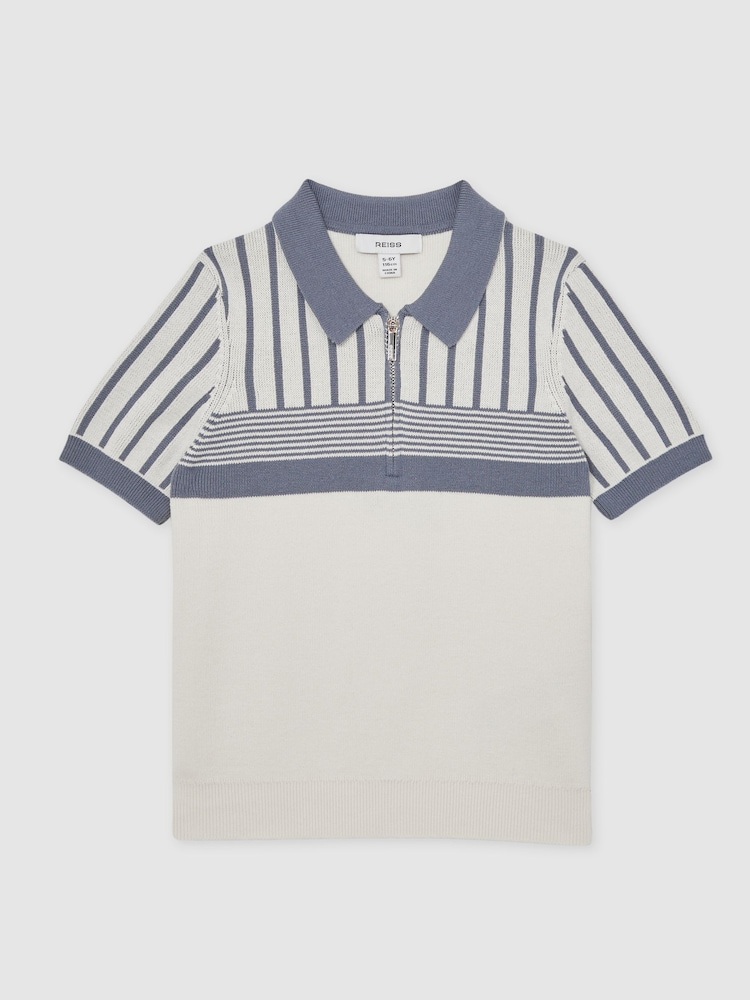 Reiss Off White/ Airforce Blue Hugo 9-13 yrs Cotton Stripe Knit Half-Zip Polo Shirt - Image 2 of 4