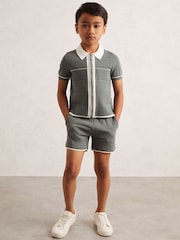 Reiss Dark Sage Green Baxter 3-9 yrs Tipped Knit Zip-Through Shirt - Image 1 of 4