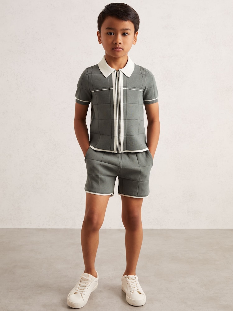 Reiss Dark Sage Green Baxter 3-9 yrs Tipped Knit Zip-Through Shirt - Image 1 of 4
