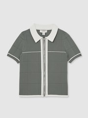 Reiss Dark Sage Green Baxter 3-9 yrs Tipped Knit Zip-Through Shirt - Image 2 of 4