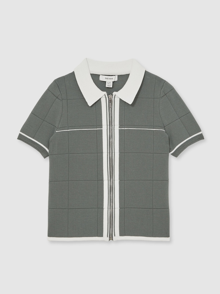 Reiss Dark Sage Green Baxter 3-9 yrs Tipped Knit Zip-Through Shirt - Image 2 of 4
