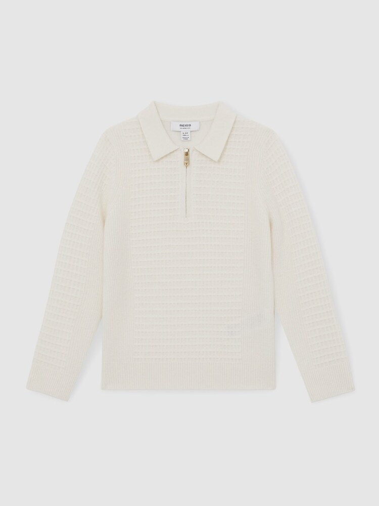 Reiss Off White Hamilton 3-9 yrs Wool Waffle-Knit Half-Zip Polo Shirt - Image 2 of 4 Reiss Off White Hamilton 3-9 yrs Wool Waffle-Knit Half-Zip Polo Shirt - Image 2 of 4