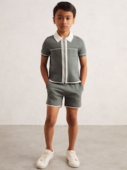 Reiss Dark Sage Green Baxter 13-14 yrs Tipped Knit Zip-Through Shirt - Image 1 of 4