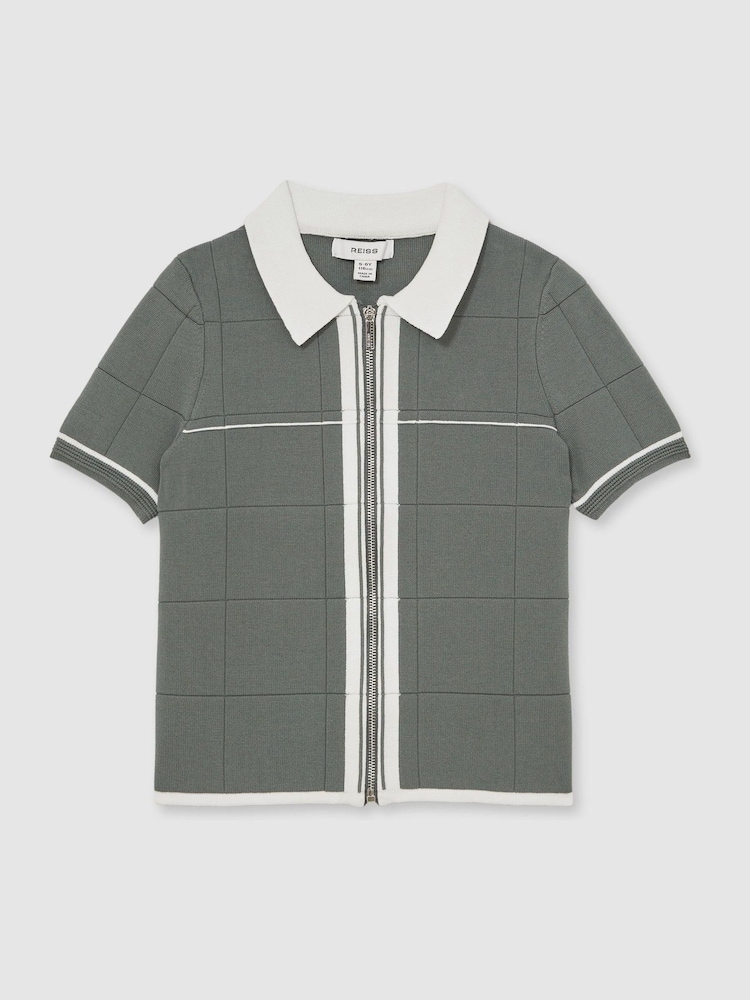 Reiss Dark Sage Green Baxter 13-14 yrs Tipped Knit Zip-Through Shirt - Image 2 of 4 Reiss Dark Sage Green Baxter 13-14 yrs Tipped Knit Zip-Through Shirt - Image 2 of 4