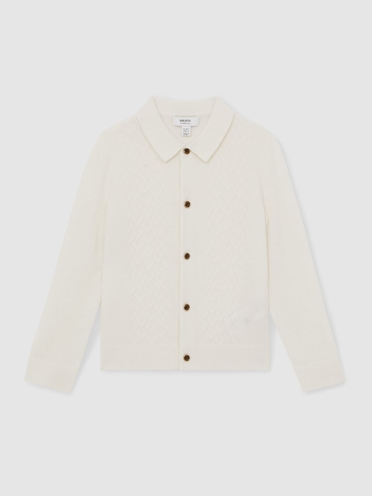 Reiss Off White Gideon Wool V-Stitch Button Through Cardigan - Image 2 of 4 Reiss Off White Gideon Wool V-Stitch Button Through Cardigan - Image 2 of 4