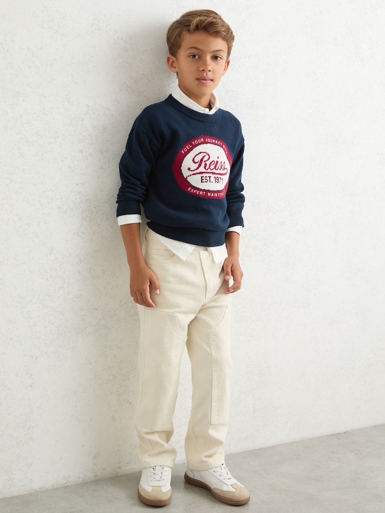 Reiss Navy Blaine 3-9 yrs Cotton Motor Cars Logo Jumper - Image 1 of 4