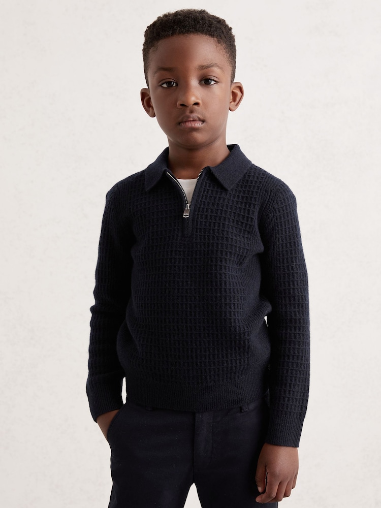 Reiss Navy Blue Hamilton 3-9 yrs Wool Waffle-Knit Half-Zip Polo Shirt - Image 1 of 4 Reiss Navy Blue Hamilton 3-9 yrs Wool Waffle-Knit Half-Zip Polo Shirt - Image 1 of 4