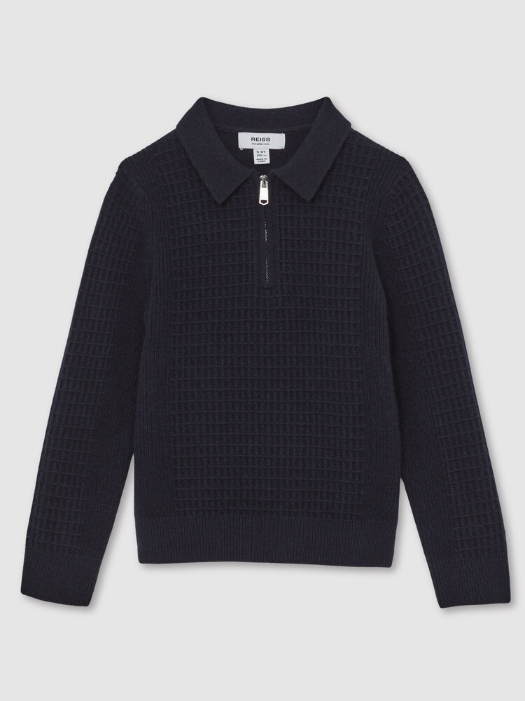 Reiss Navy Blue Hamilton 3-9 yrs Wool Waffle-Knit Half-Zip Polo Shirt - Image 2 of 4 Reiss Navy Blue Hamilton 3-9 yrs Wool Waffle-Knit Half-Zip Polo Shirt - Image 2 of 4