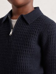 Reiss Navy Blue Hamilton 9-13 yrs Wool Waffle-Knit Half-Zip Polo Shirt - Image 1 of 4
