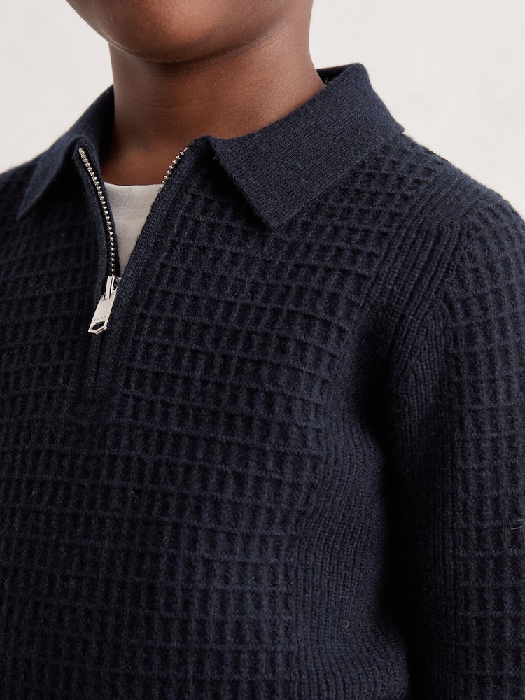 Reiss Navy Blue Hamilton 9-13 yrs Wool Waffle-Knit Half-Zip Polo Shirt - Image 1 of 4 Reiss Navy Blue Hamilton 9-13 yrs Wool Waffle-Knit Half-Zip Polo Shirt - Image 1 of 4