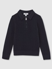 Reiss Navy Blue Hamilton 9-13 yrs Wool Waffle-Knit Half-Zip Polo Shirt - Image 2 of 4