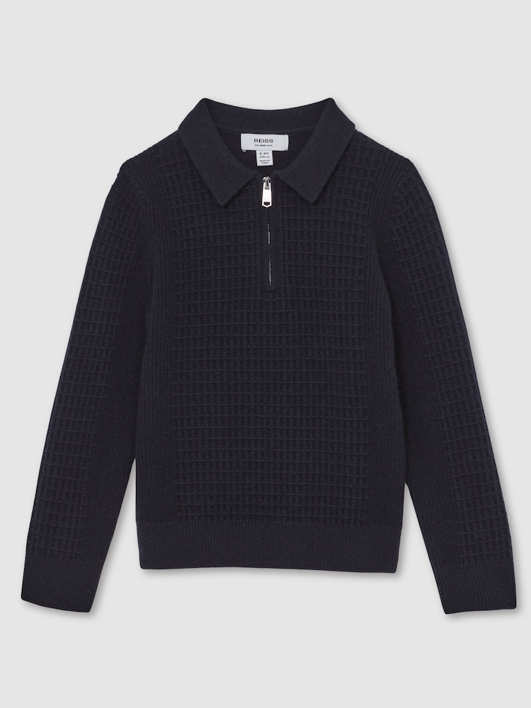 Reiss Navy Blue Hamilton 9-13 yrs Wool Waffle-Knit Half-Zip Polo Shirt - Image 2 of 4 Reiss Navy Blue Hamilton 9-13 yrs Wool Waffle-Knit Half-Zip Polo Shirt - Image 2 of 4