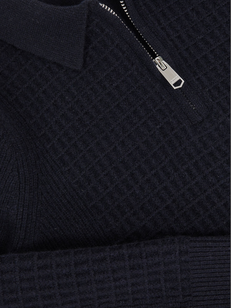 Reiss Navy Blue Hamilton 9-13 yrs Wool Waffle-Knit Half-Zip Polo Shirt - Image 4 of 4 Reiss Navy Blue Hamilton 9-13 yrs Wool Waffle-Knit Half-Zip Polo Shirt - Image 4 of 4
