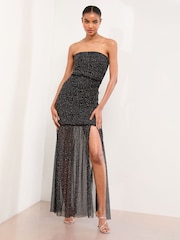 Lipsy Black Petite Mesh Hotfix Sheer Hem Bandeau Maxi Dress - Image 1 of 4