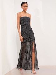Lipsy Black Petite Mesh Hotfix Sheer Hem Bandeau Maxi Dress - Image 3 of 4