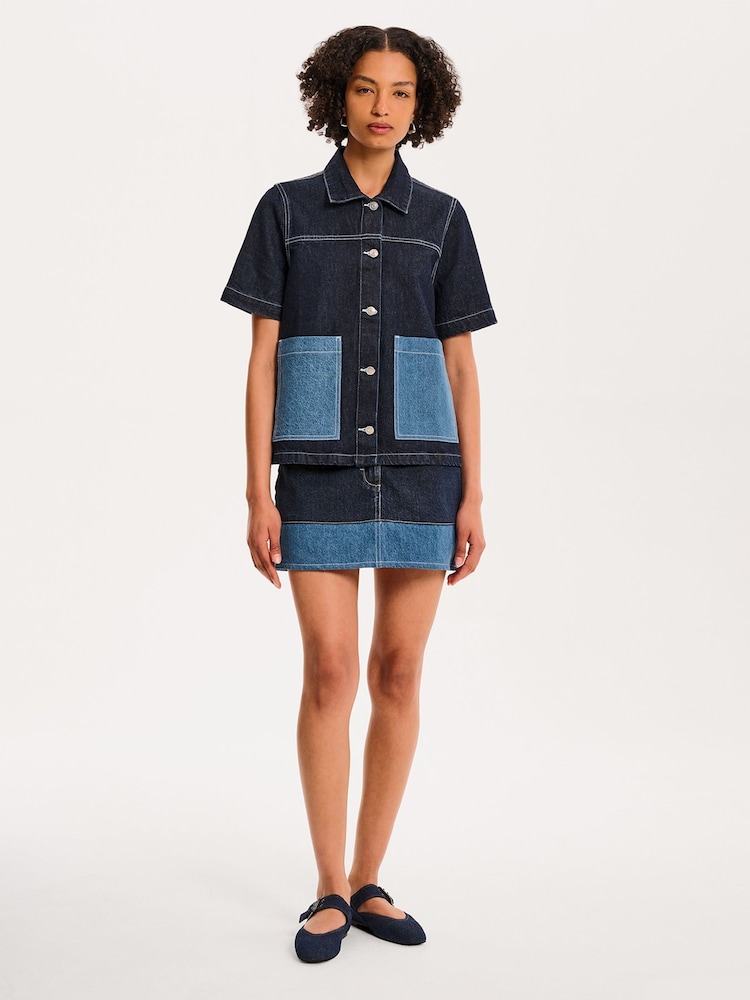 Omnes Blue Oversized Ronnie 100% Cotton Contrast Patch Shirt in Dark Wash Denim - Image 1 of 5 Omnes Blue Oversized Ronnie 100% Cotton Contrast Patch Shirt in Dark Wash Denim - Image 1 of 5