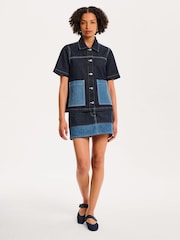 Omnes Blue Oversized Ronnie 100% Cotton Contrast Patch Shirt in Dark Wash Denim - Image 3 of 5