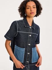 Omnes Blue Oversized Ronnie 100% Cotton Contrast Patch Shirt in Dark Wash Denim - Image 4 of 5