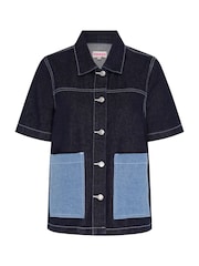 Omnes Blue Oversized Ronnie 100% Cotton Contrast Patch Shirt in Dark Wash Denim - Image 5 of 5