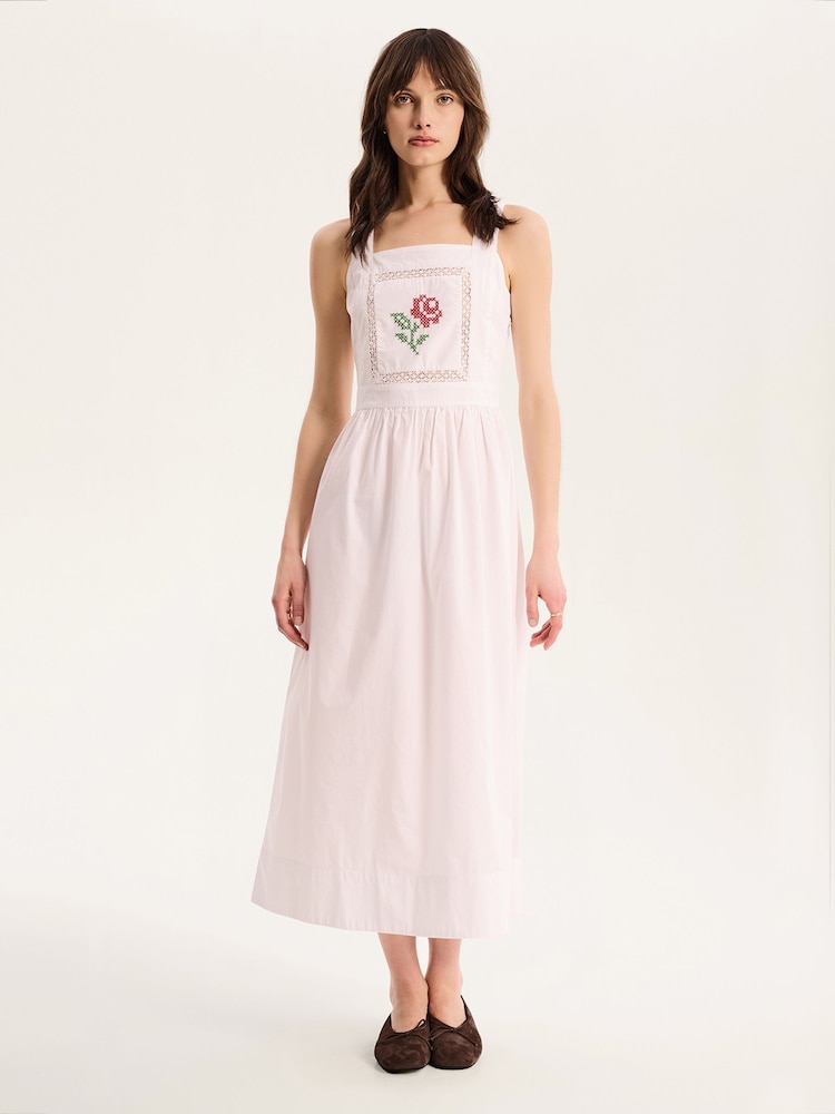 Omnes White Rosabella 100% Cotton Tie Back Floral Embroidered Midi Dress - Image 1 of 5