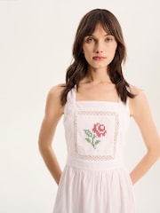 Omnes White Rosabella 100% Cotton Tie Back Floral Embroidered Midi Dress - Image 4 of 5