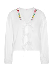 Omnes White Annaka 100% Cotton Front-Tie Embroidered Floal Blouse - Image 1 of 1