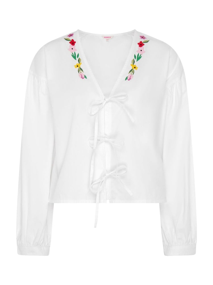 Omnes White Annaka 100% Cotton Front-Tie Embroidered Floal Blouse - Image 1 of 1