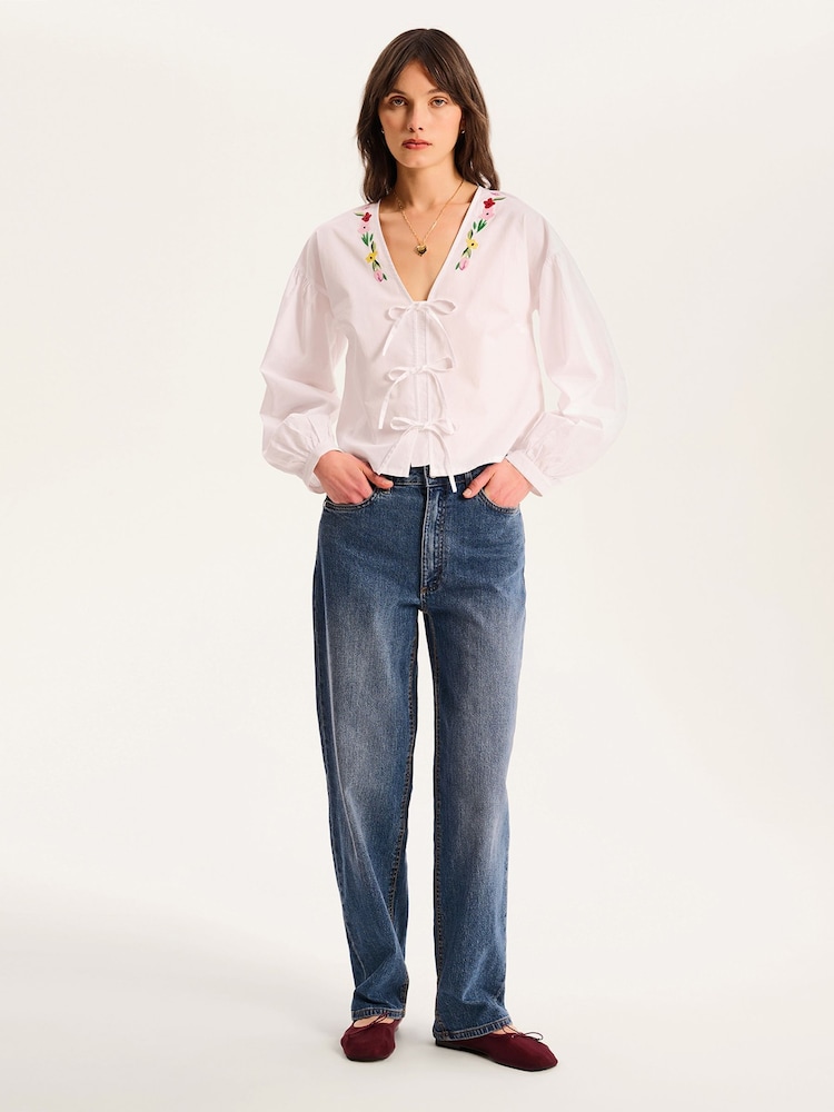 Omnes White Annaka 100% Cotton Front-Tie Embroidered Floal Blouse - Image 1 of 5 Omnes White Annaka 100% Cotton Front-Tie Embroidered Floal Blouse - Image 1 of 5