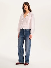 Omnes White Annaka 100% Cotton Front-Tie Embroidered Floal Blouse - Image 2 of 5