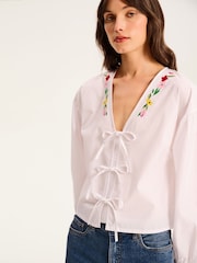 Omnes White Annaka 100% Cotton Front-Tie Embroidered Floal Blouse - Image 4 of 5