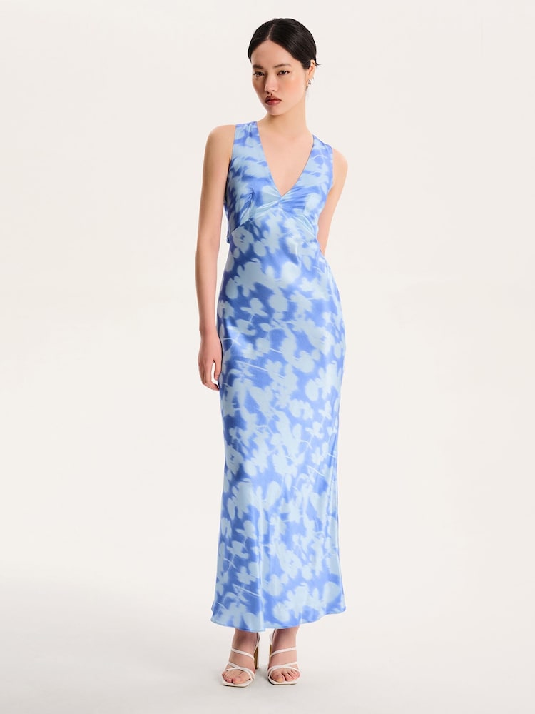 Omnes Blue Nova Tie Back Midi Floral V-Neck Dress - Image 1 of 5