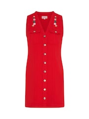 Omnes Red 100% Cotton Talula Denim Floral Embroidered Mini Dress - Image 6 of 6
