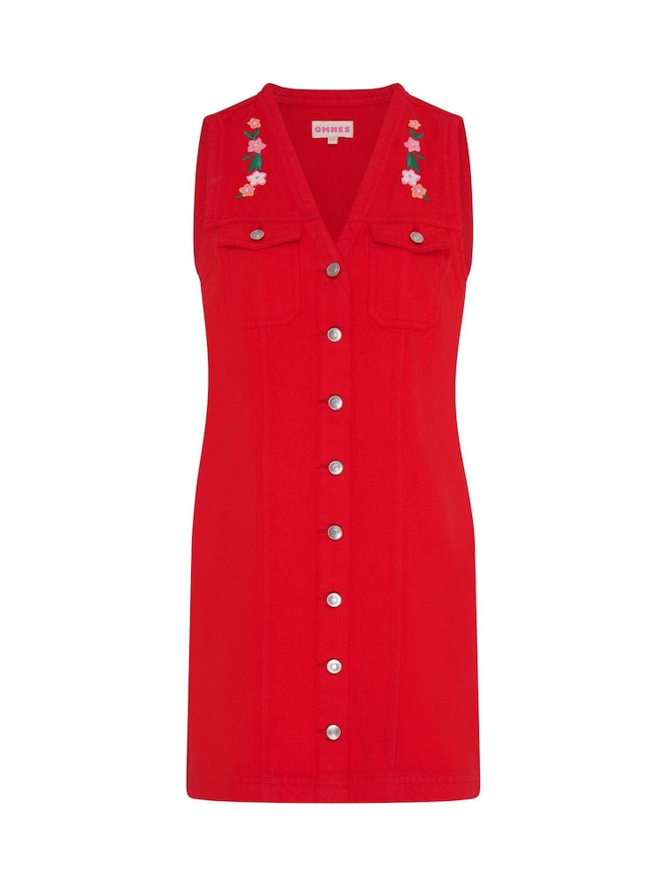 Omnes Red 100% Cotton Talula Denim Floral Embroidered Mini Dress - Image 6 of 6