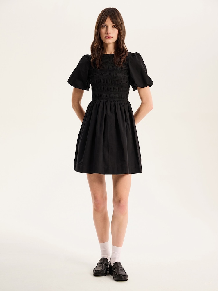 Schwarz - Omnes Terri 100% Cotton Shirred Puff Sleeve Floral Midi Dress - Bild 1 von 4