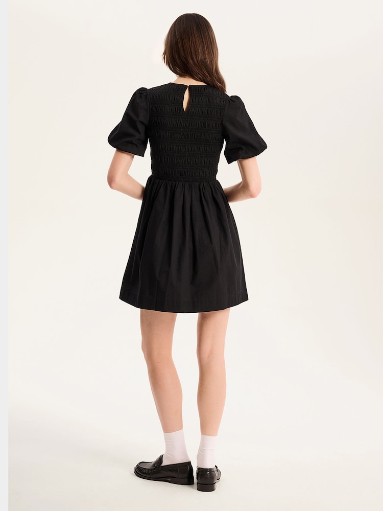 Schwarz - Omnes Terri 100% Cotton Shirred Puff Sleeve Floral Midi Dress - Bild 2 von 4