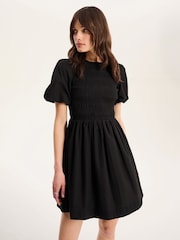 Schwarz - Omnes Terri 100% Cotton Shirred Puff Sleeve Floral Midi Dress - Bild 3 von 4