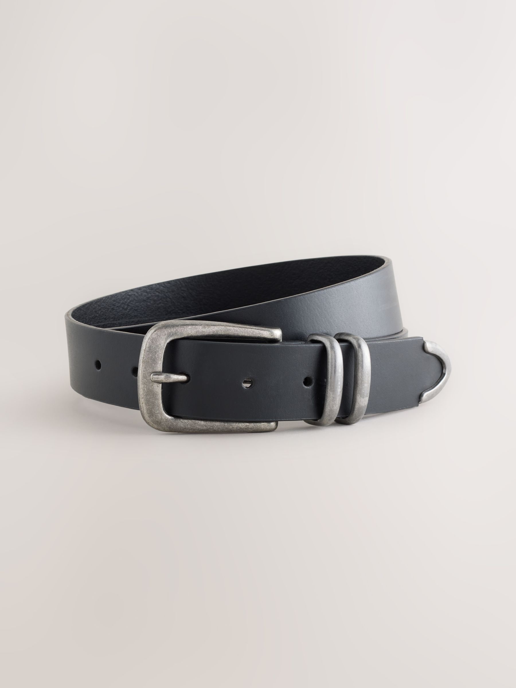 Buy Black Leather Belt With Double Metal Keeper And Tip Detail