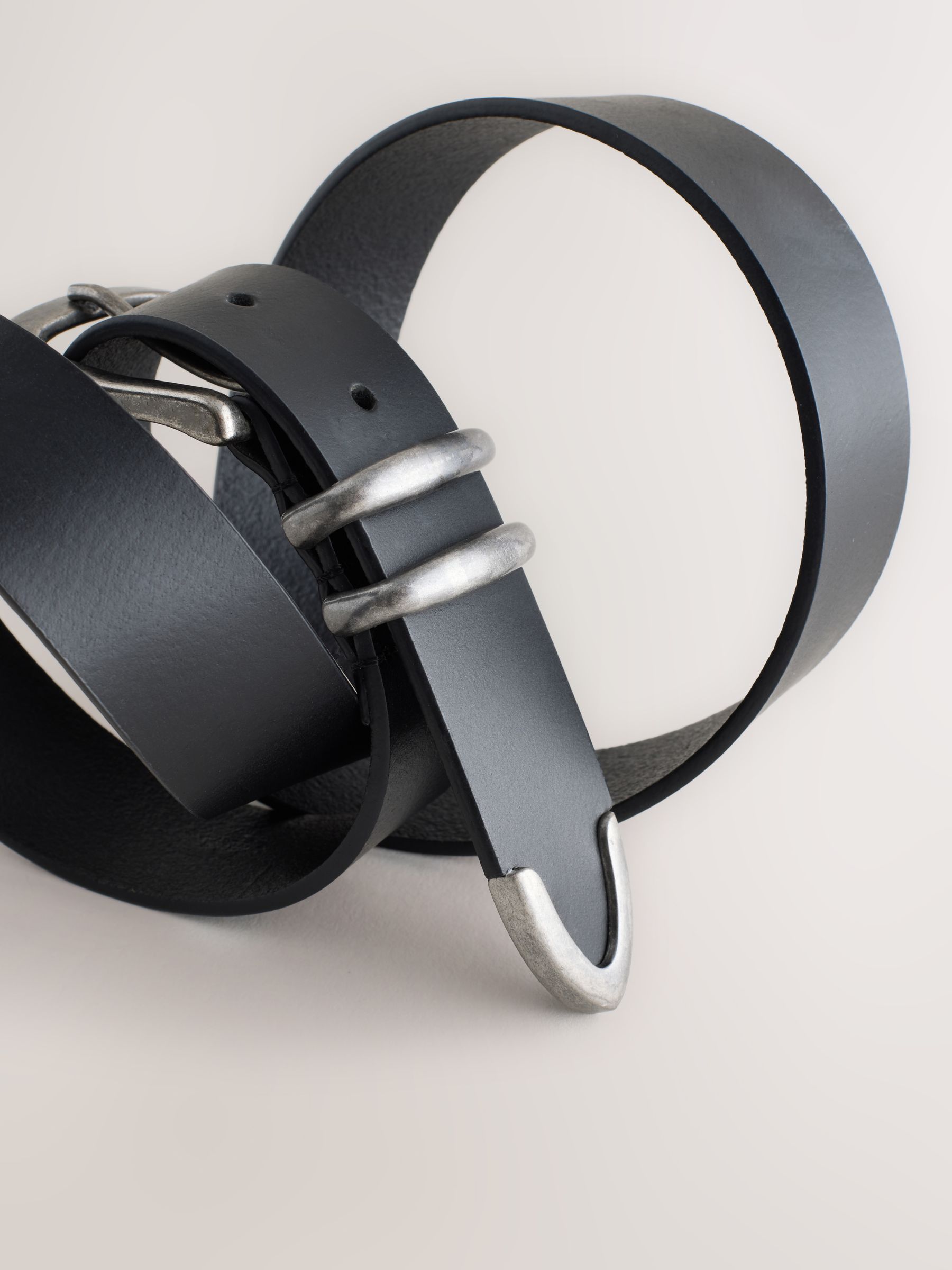 Buy Black Leather Belt With Double Metal Keeper And Tip Detail