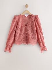 Pink - Paisley-Bluse mit Spitzenbesatz und V-Ausschnitt - Bild 1 von 3