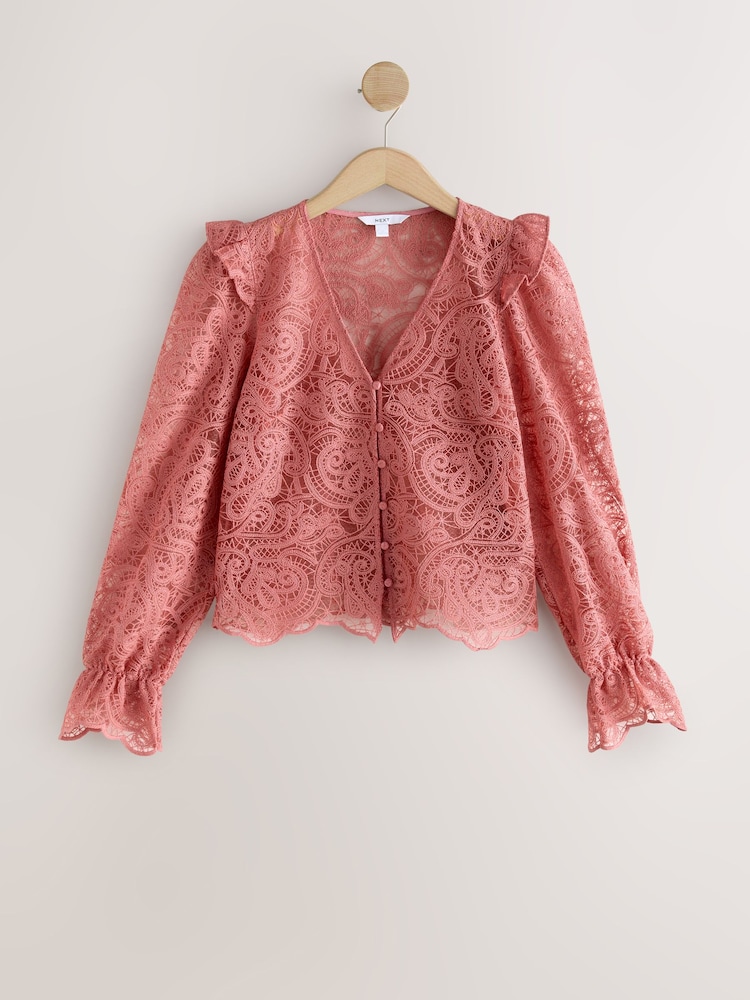 Pink - Paisley-Bluse mit Spitzenbesatz und V-Ausschnitt - Bild 1 von 3