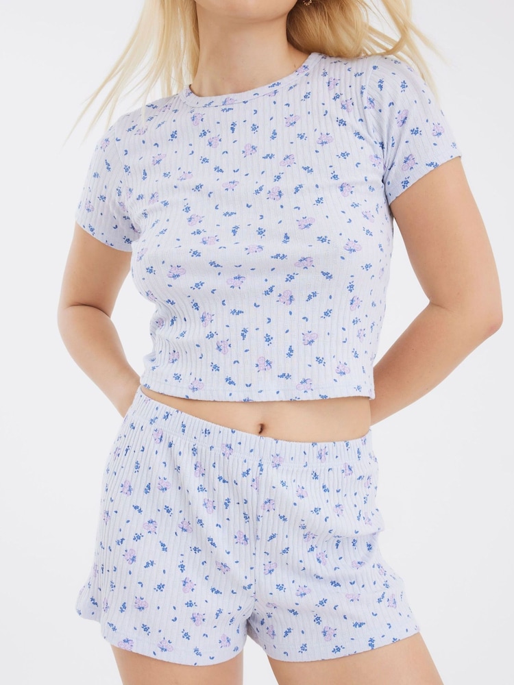 River Island Blue Ditsy Floral Top and Shorts Pyjamas Set - Image 2 of 4