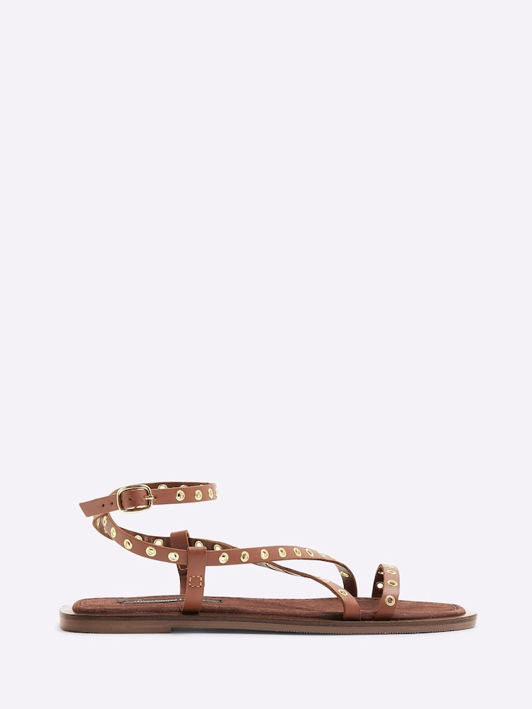 River Island Brown Eyelet Strappy Flat Sandals - Image 1 of 5
