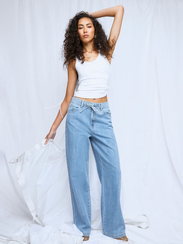 River Island Blue Wide Leg Tie Front Jeans - Image 1 of 4 River Island Blue Wide Leg Tie Front Jeans - Image 1 of 4