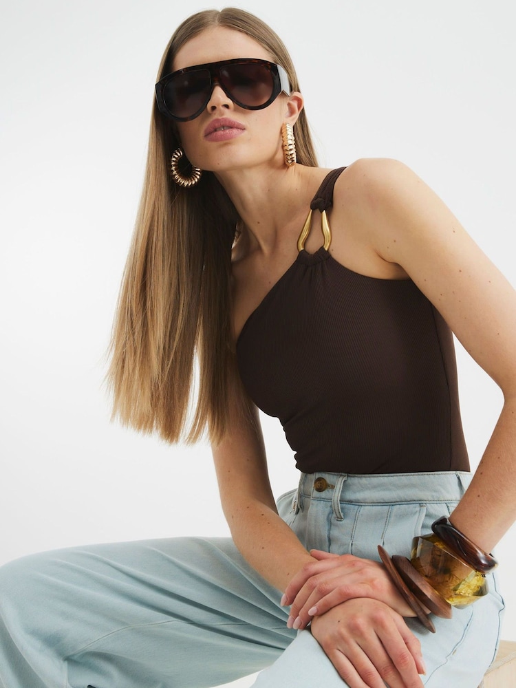 River Island Brown One Shoulder Trim Bodysuit - Image 2 of 3