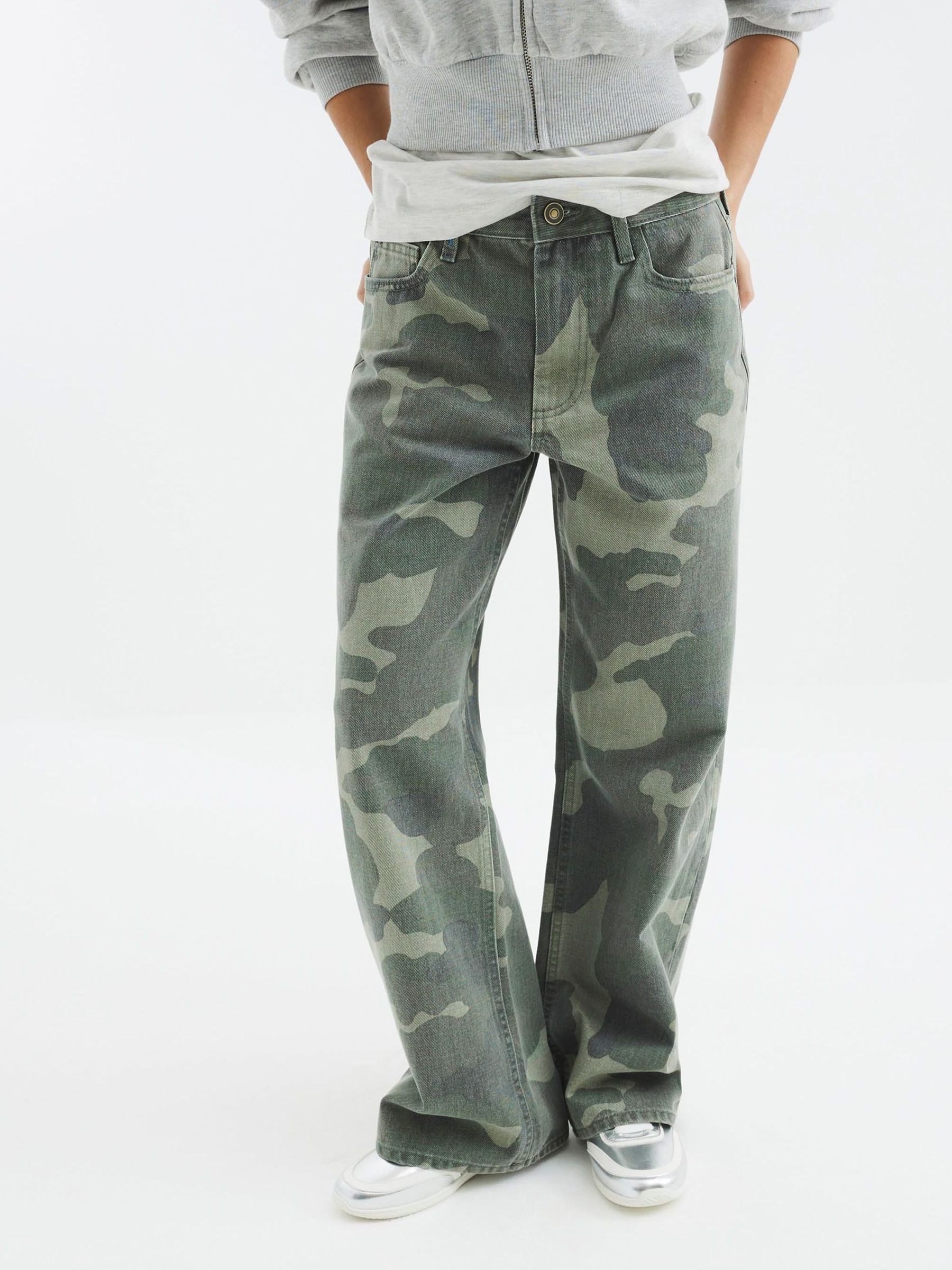 Buy River Island Green Petite Relaxed Straight Camo Jeans from